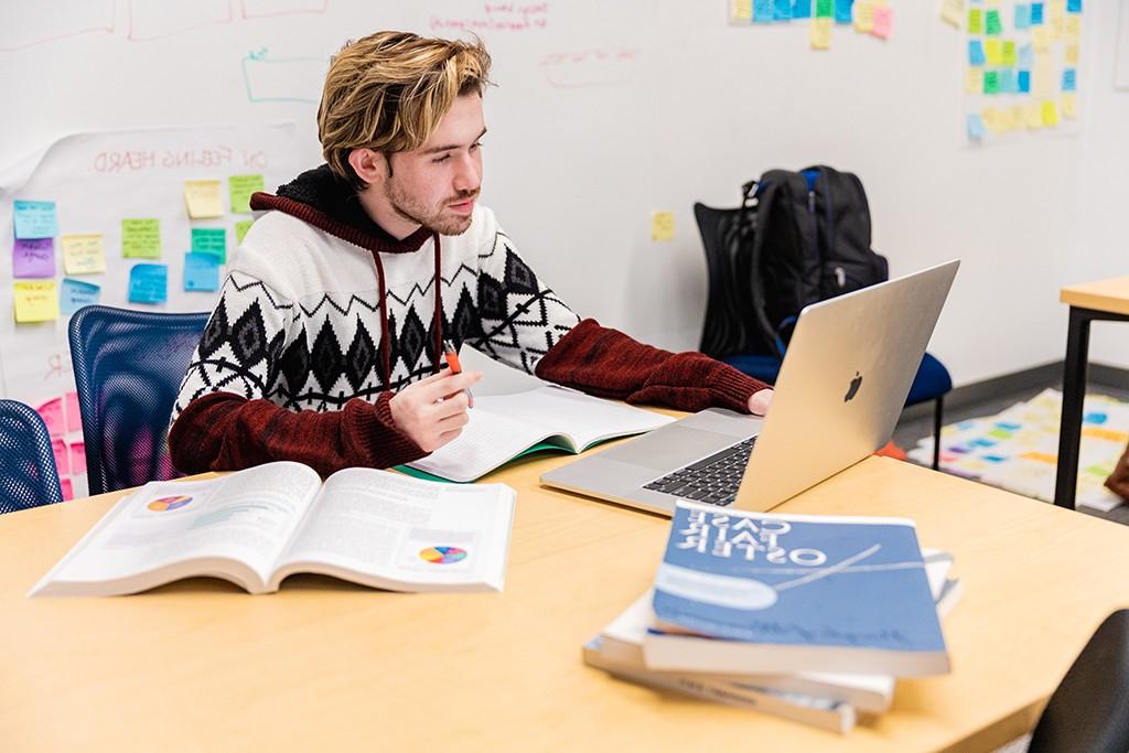 A student studying with their laptop and several books